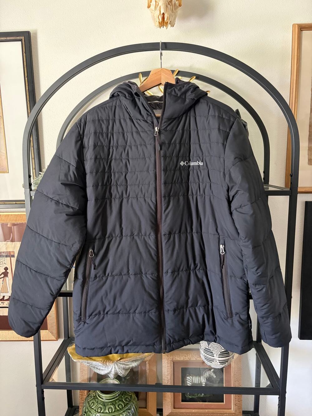 Columbia Mens L Omni-Heat Down Puffer Jacket Black Hooded Full